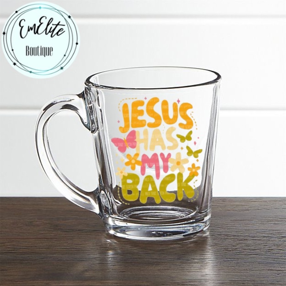 ✝️💛 Jesus Has My Back Clear Glass Coffee Cup ✝️💛